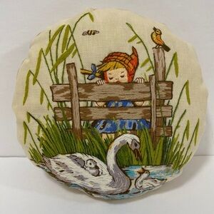 Vintage 60's/70's Fully Embroidered Mini Accent Pillow "Girl by the Duck Pond"